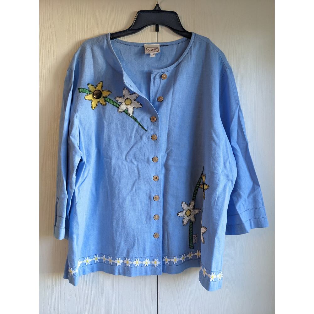 Beverly's Women's Blue Floral Embroidered 3/4 Sleeve Button Down Jacket Size 1X